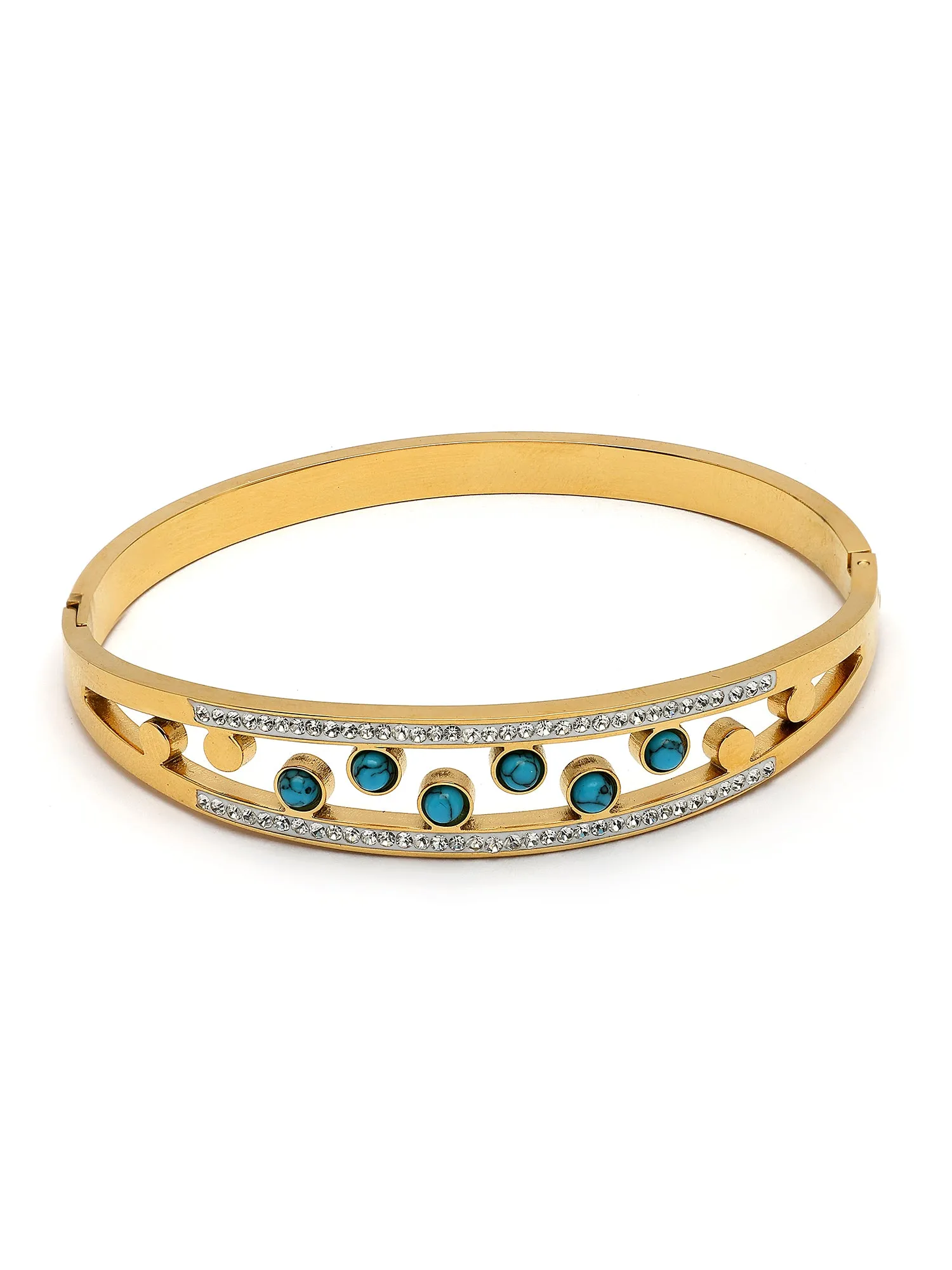 Bohey by KARATCART Gold-Plated Turquoise & Cubic Zirconia Studded Bangle-Style Bracelet for Women