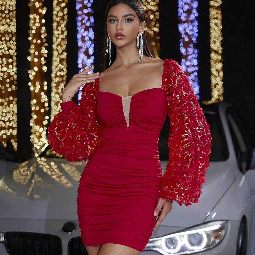 Bold Lantern Sleeve Mini Dress with Butterfly Sequin Detailing