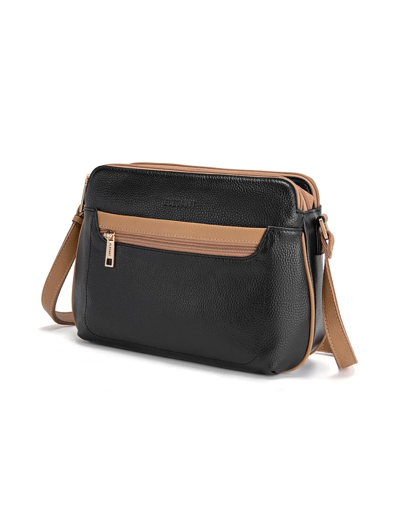 BROOKE TRIPLE COMPARTMENT LEATHER XBODY BAG- E1-0828-BLK/CAM-SALE
