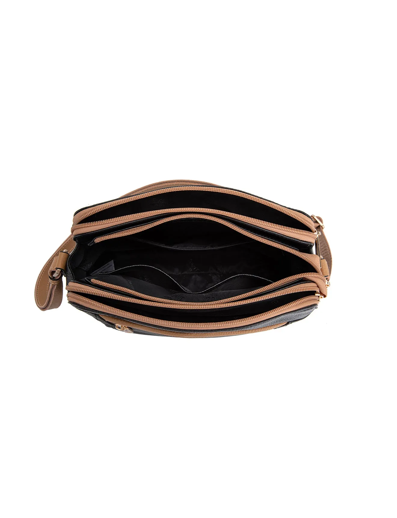 BROOKE TRIPLE COMPARTMENT LEATHER XBODY BAG- E1-0828-BLK/CAM-SALE