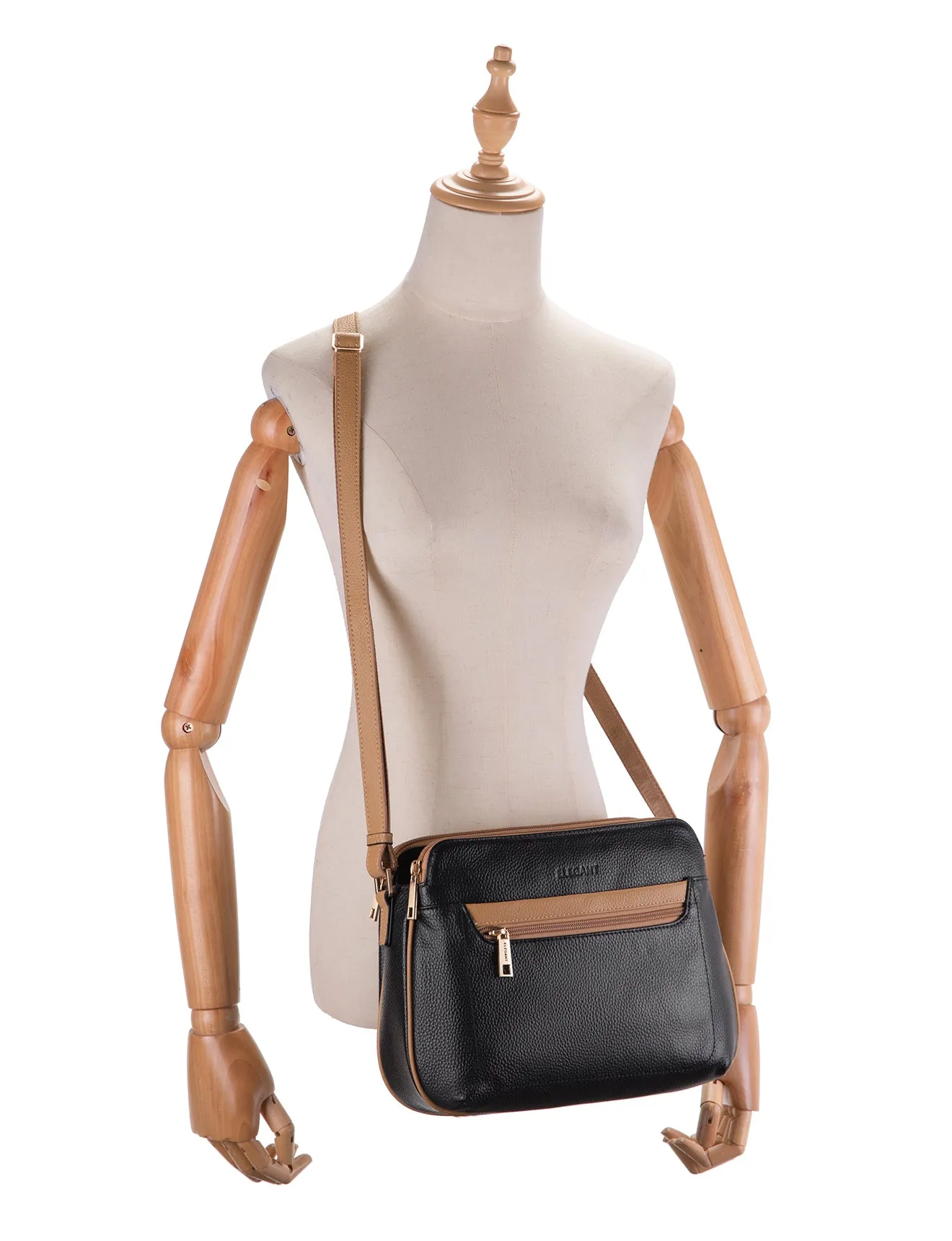 BROOKE TRIPLE COMPARTMENT LEATHER XBODY BAG- E1-0828-BLK/CAM-SALE