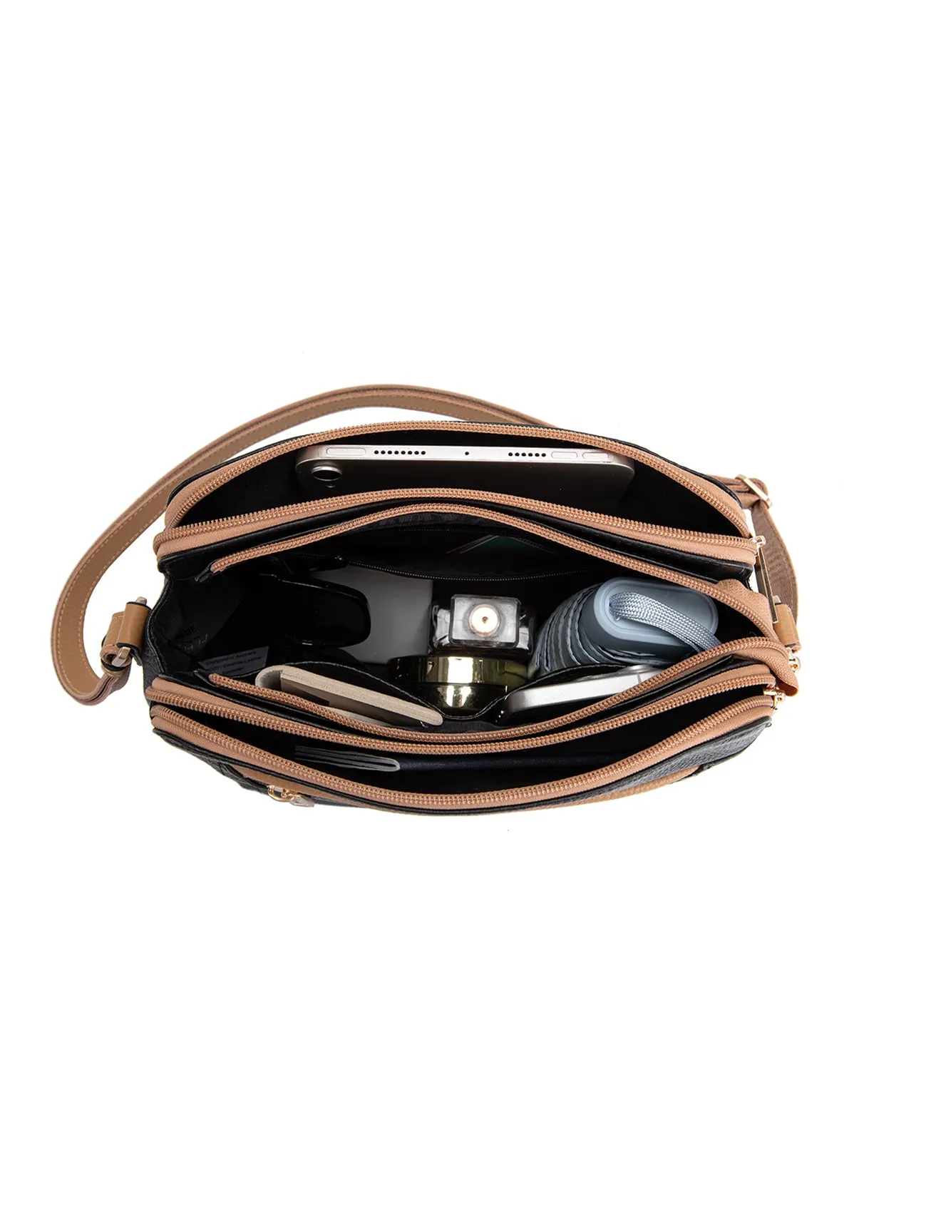 BROOKE TRIPLE COMPARTMENT LEATHER XBODY BAG- E1-0828-BLK/CAM-SALE