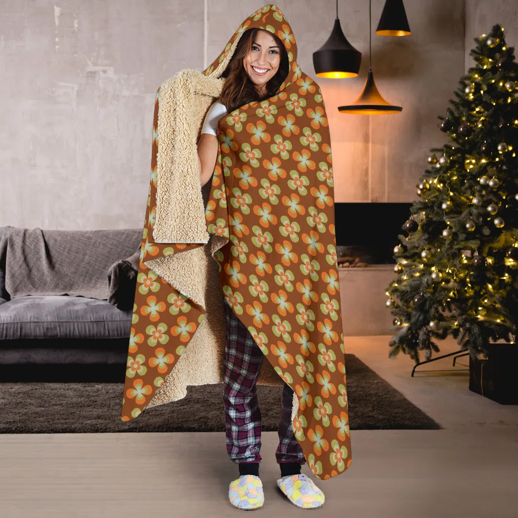 Brown With Orange and Green Retro Flower Pattern Hooded Blanket With Tan Sherpa Lining