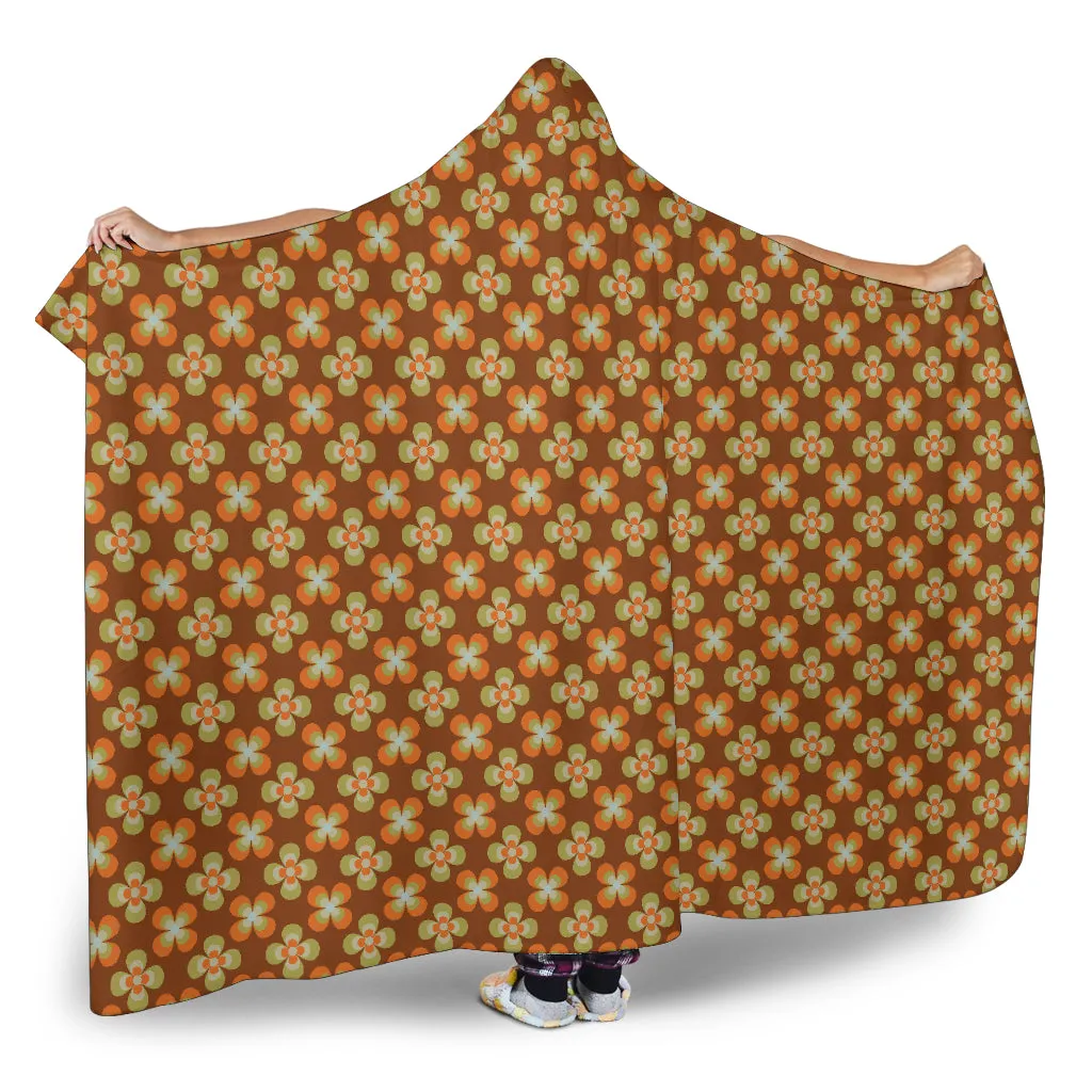 Brown With Orange and Green Retro Flower Pattern Hooded Blanket With Tan Sherpa Lining