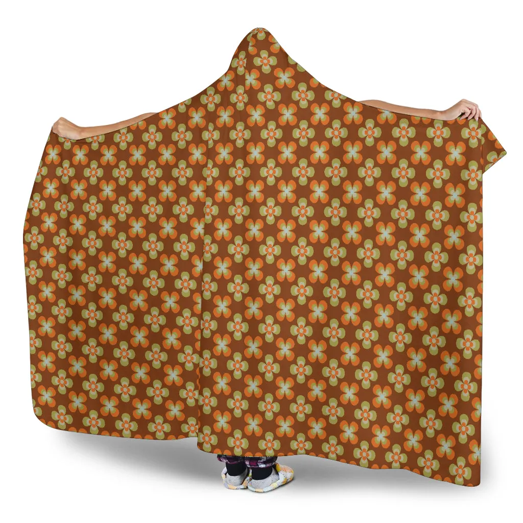 Brown With Orange and Green Retro Flower Pattern Hooded Blanket With Tan Sherpa Lining