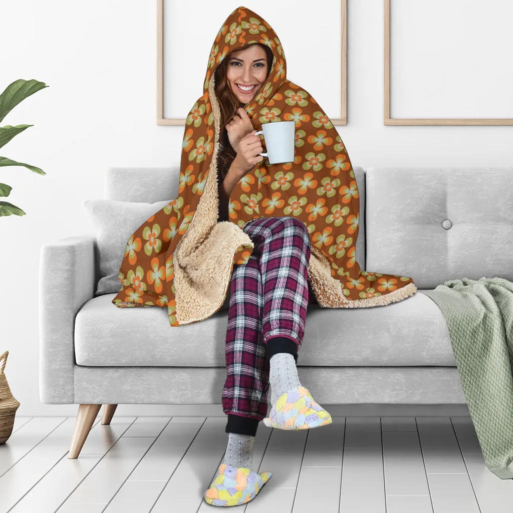 Brown With Orange and Green Retro Flower Pattern Hooded Blanket With Tan Sherpa Lining