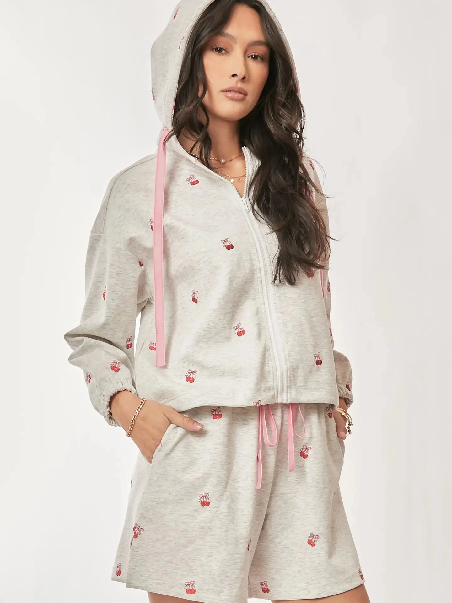 Cherry Embroidery Hoodie Sweat Set