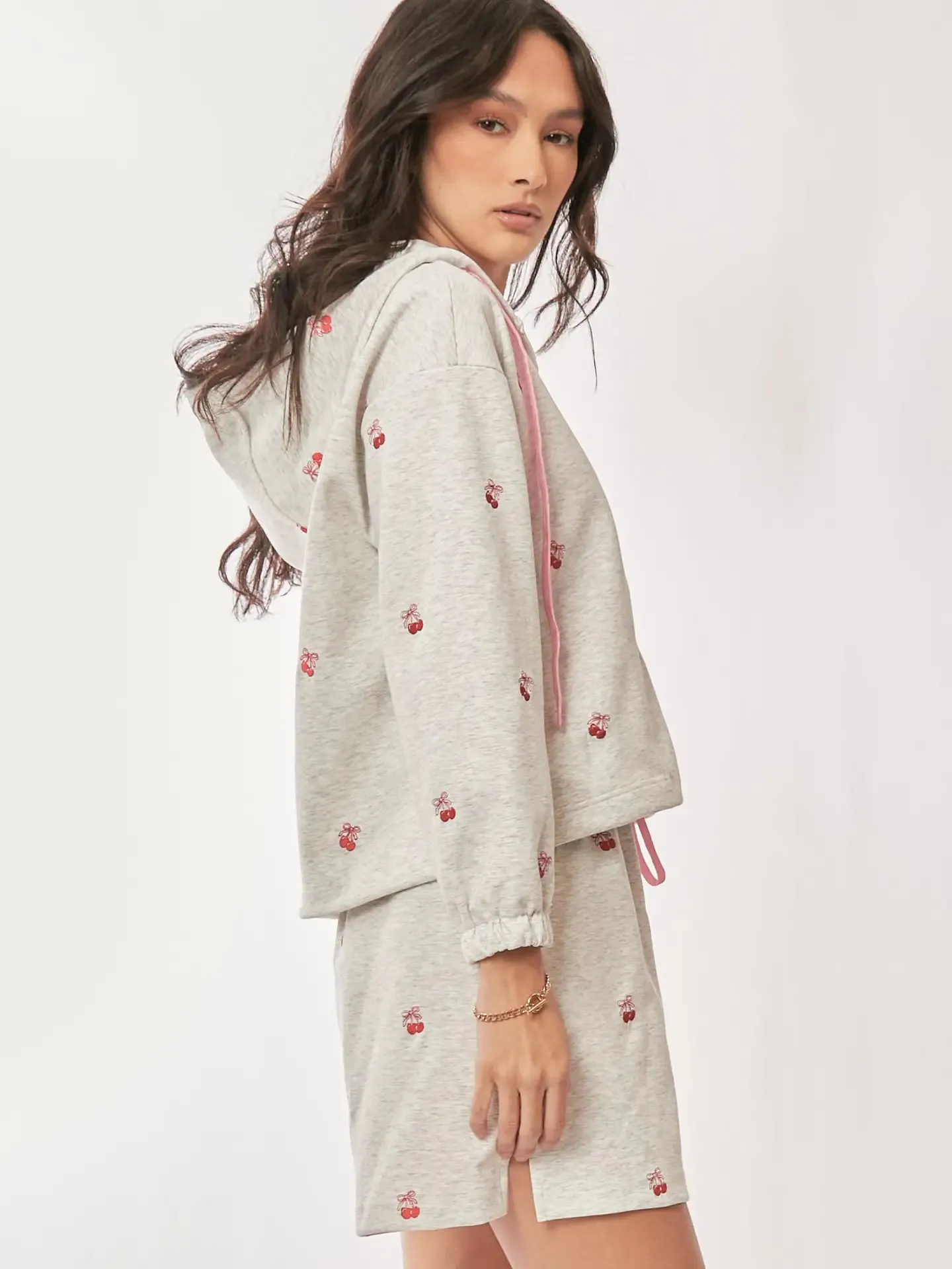 Cherry Embroidery Hoodie Sweat Set