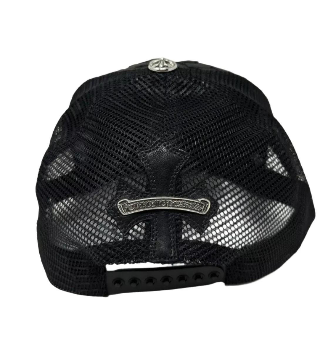 Chrome Hearts "Cemetery Cross Patches" Leather Trucker Hat Black