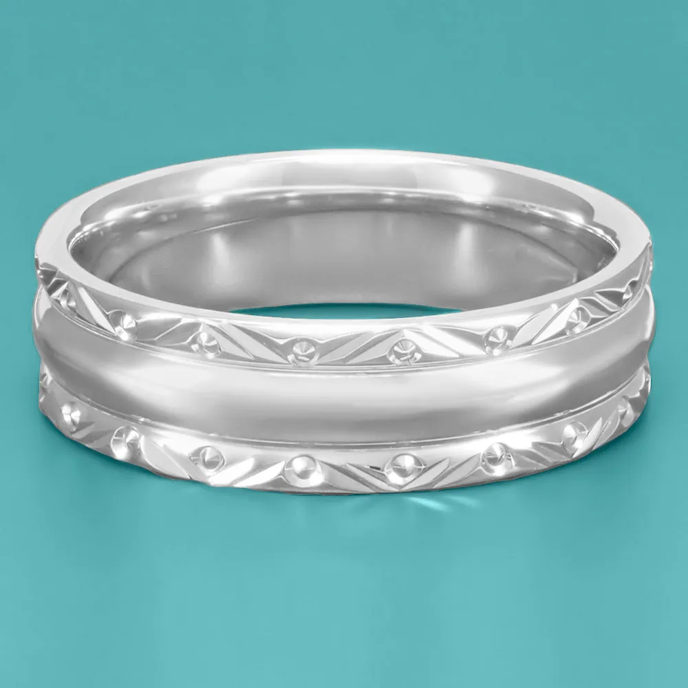 Circles and Chevrons 1950's Retro Carved Wedding Band in White Gold - 6mm Wide