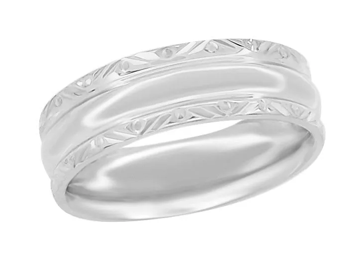 Circles and Chevrons 1950's Retro Carved Wedding Band in White Gold - 6mm Wide