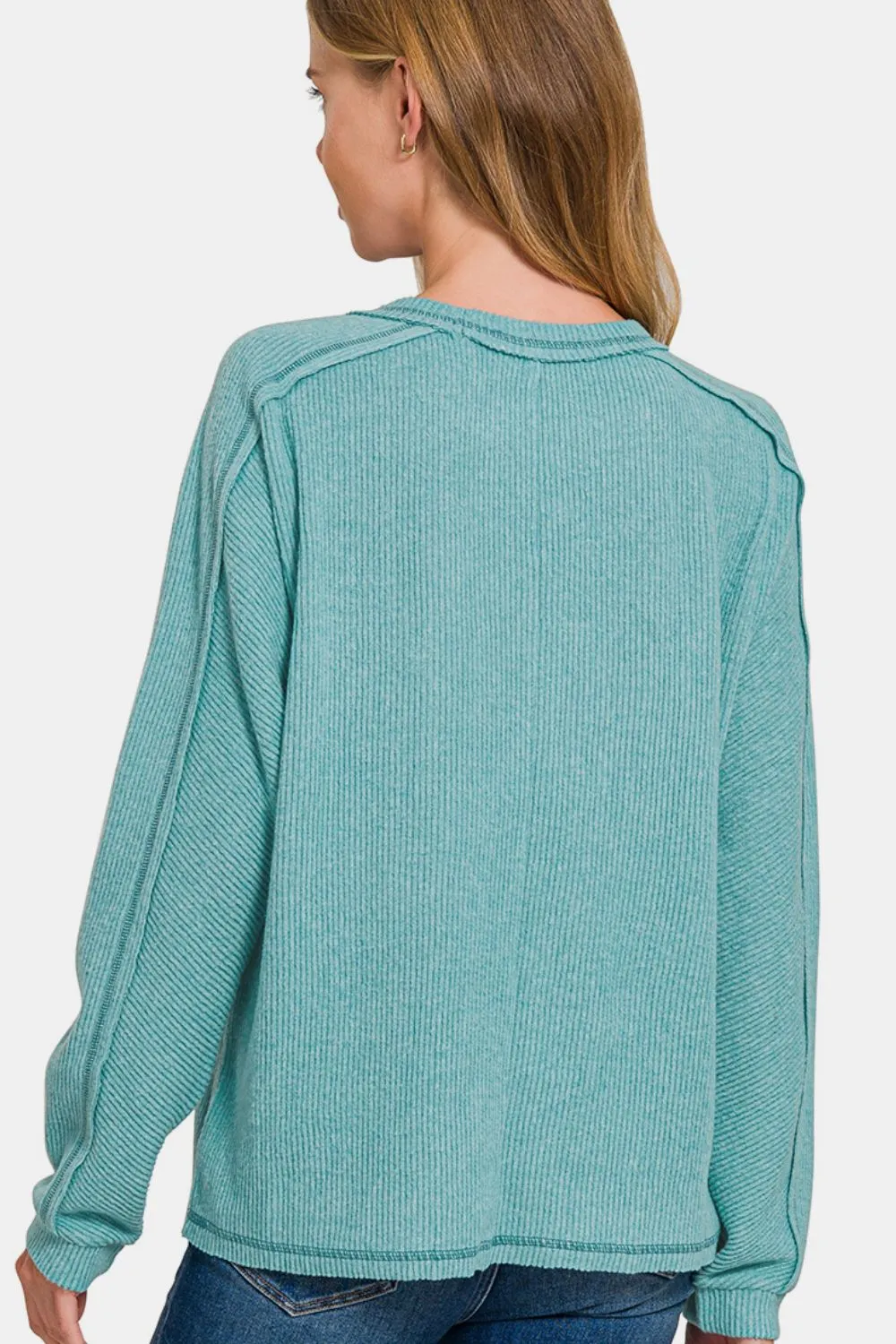Contrast Stitching Brushed Ribbed Hacci Knit Top Plu Size