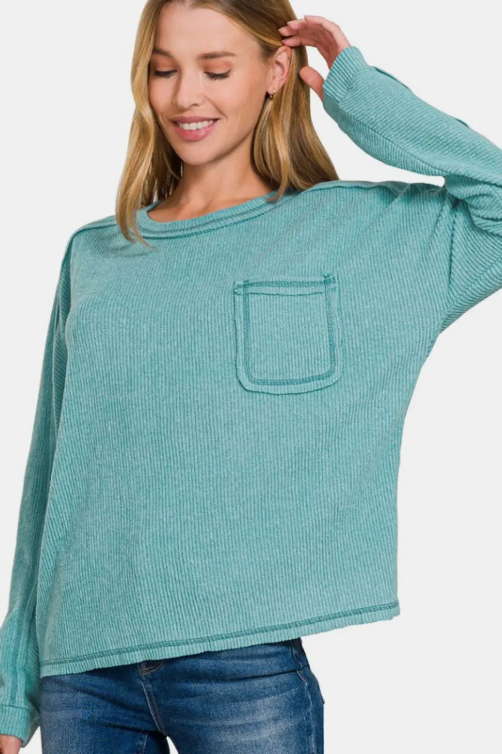 Contrast Stitching Brushed Ribbed Hacci Knit Top Plu Size