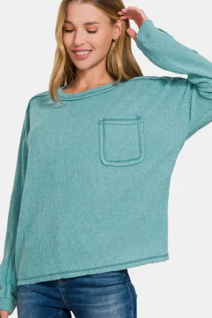 Contrast Stitching Brushed Ribbed Hacci Knit Top Plu Size