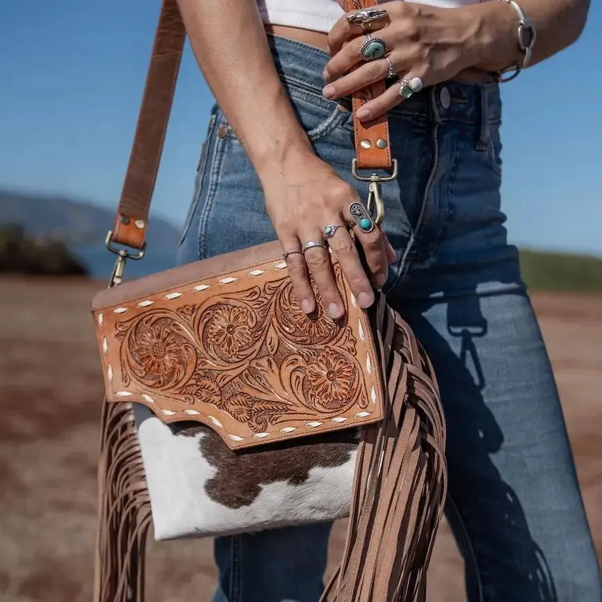 Cowhide Western Tooled Leather Fringe Crossbody Purse