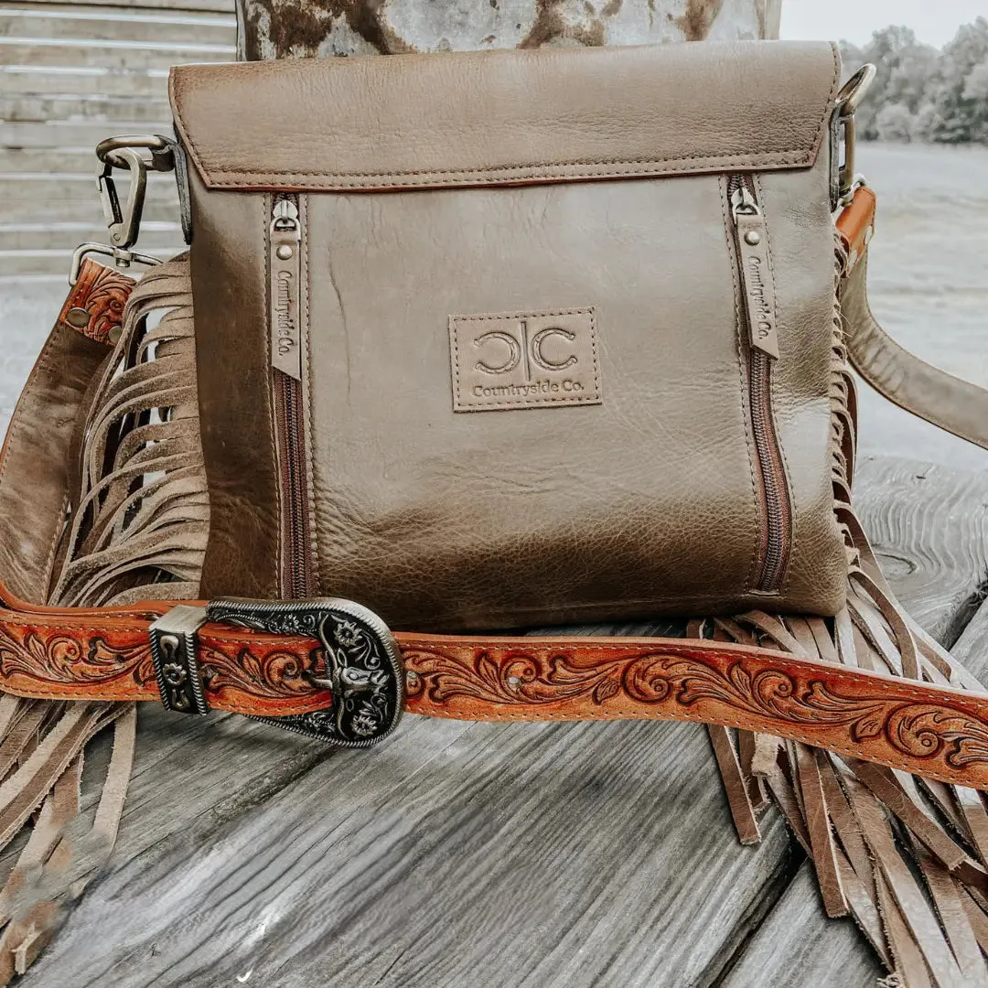 Cowhide Western Tooled Leather Fringe Crossbody Purse