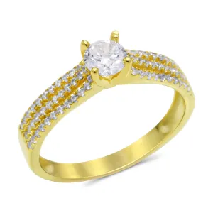 CZ 5mm Center Stone Sterling Silver Gold Plated Crossover Halo Engagement Ring