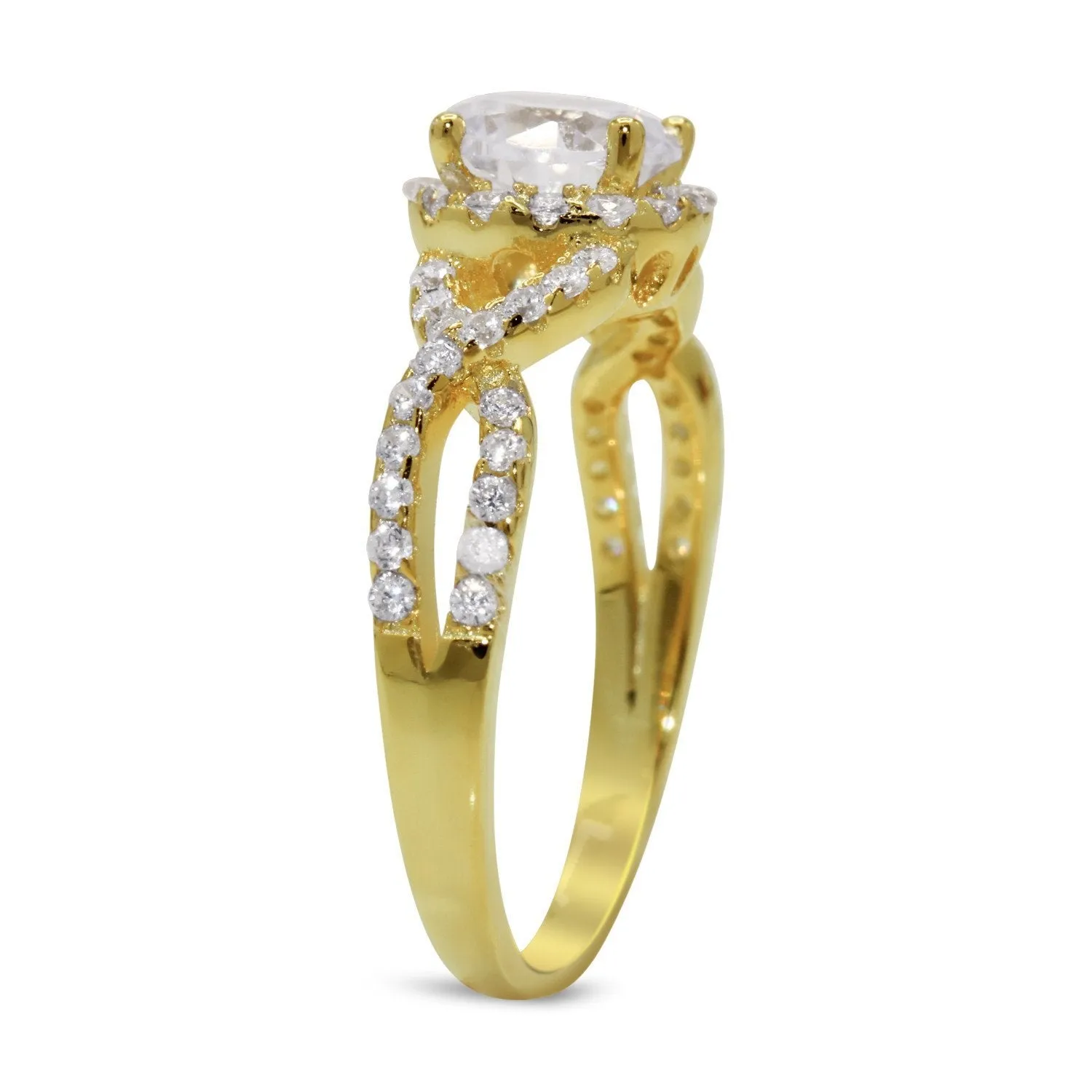 CZ 7mm Center Stone Sterling Silver Gold Plated Crossover Halo Engagement Ring