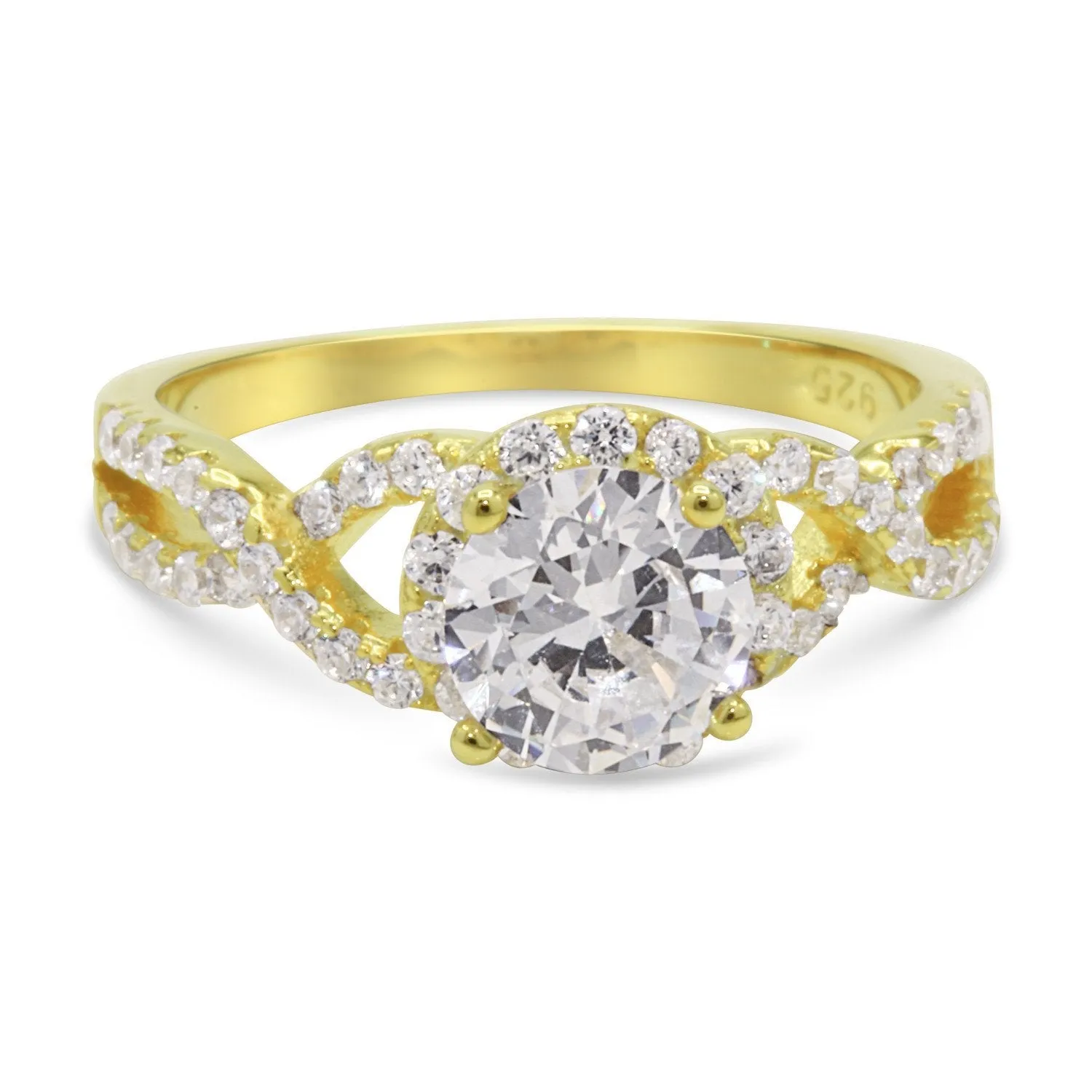 CZ 7mm Center Stone Sterling Silver Gold Plated Crossover Halo Engagement Ring