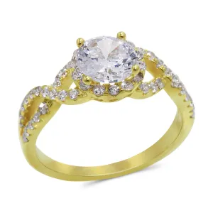 CZ 7mm Center Stone Sterling Silver Gold Plated Crossover Halo Engagement Ring