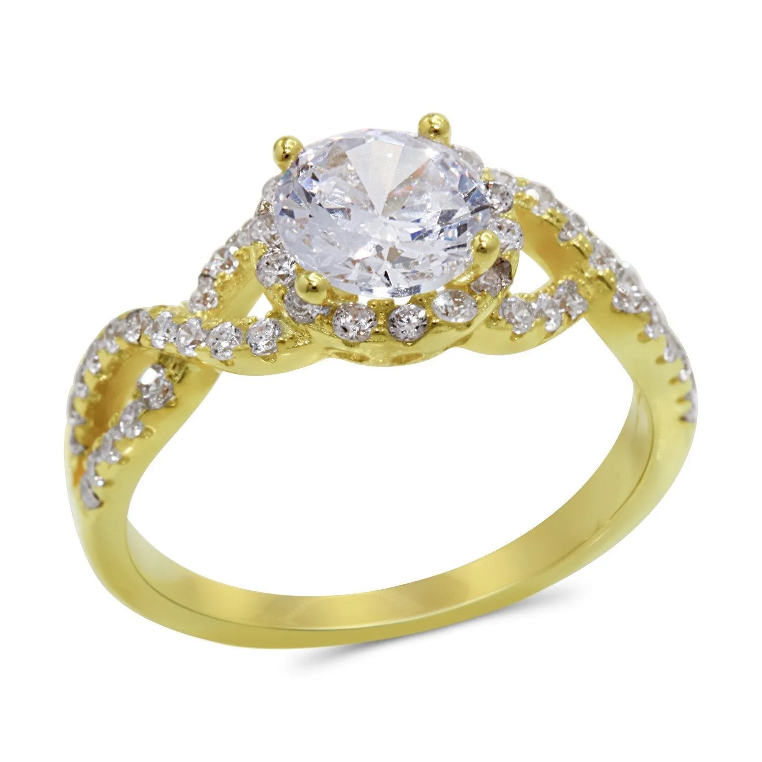 CZ 7mm Center Stone Sterling Silver Gold Plated Crossover Halo Engagement Ring