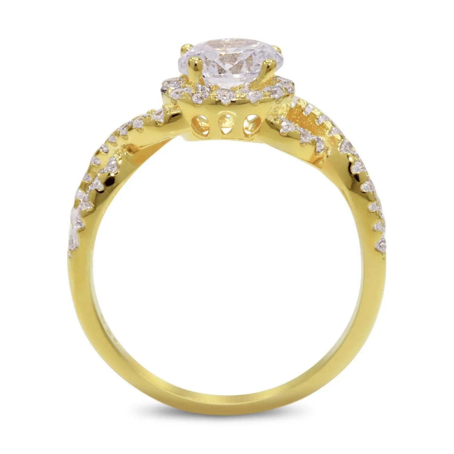 CZ 7mm Center Stone Sterling Silver Gold Plated Crossover Halo Engagement Ring