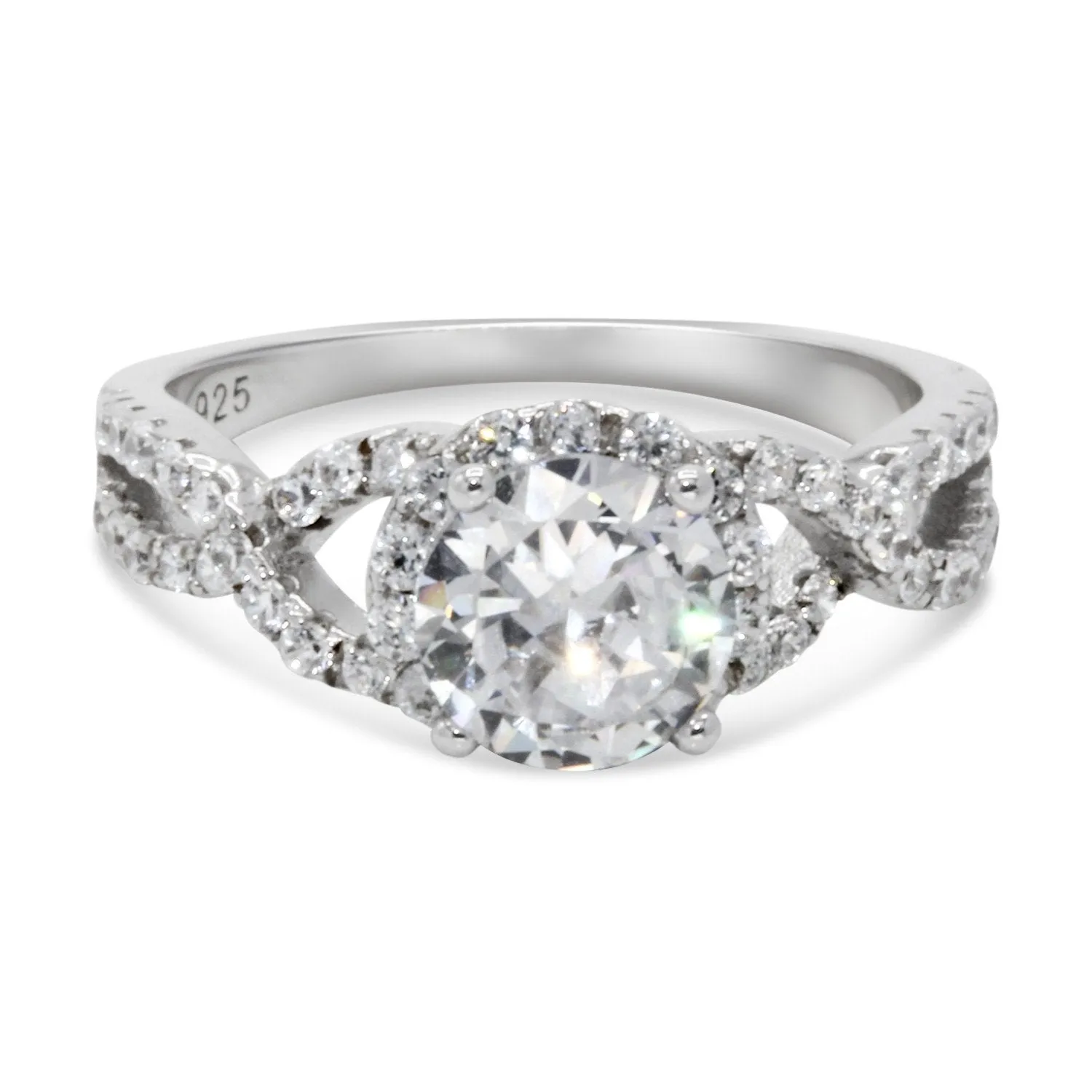 CZ 7mm Center Stone Sterling Silver Plated Crossover Halo Engagement Ring