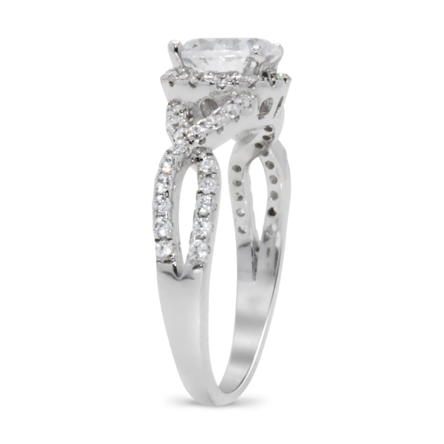 CZ 7mm Center Stone Sterling Silver Plated Crossover Halo Engagement Ring