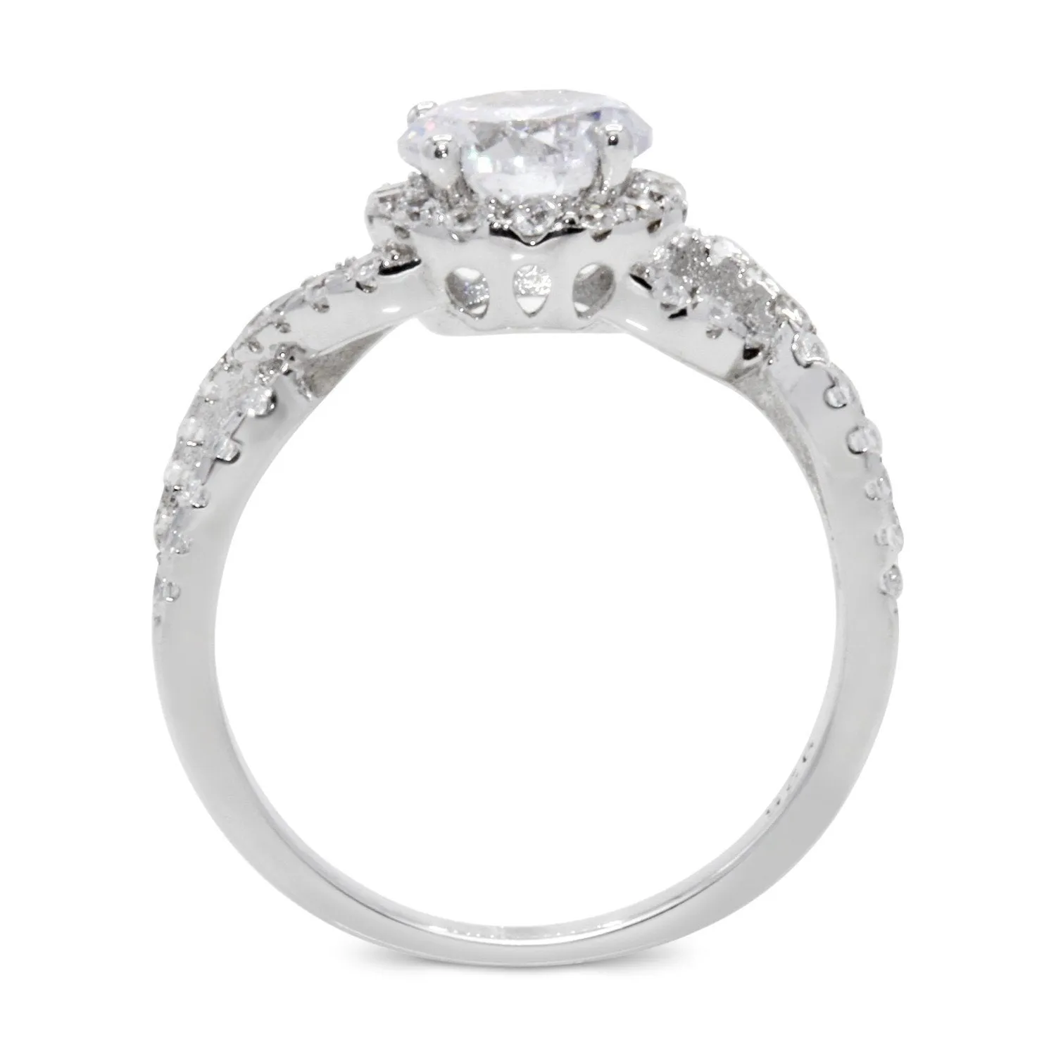 CZ 7mm Center Stone Sterling Silver Plated Crossover Halo Engagement Ring
