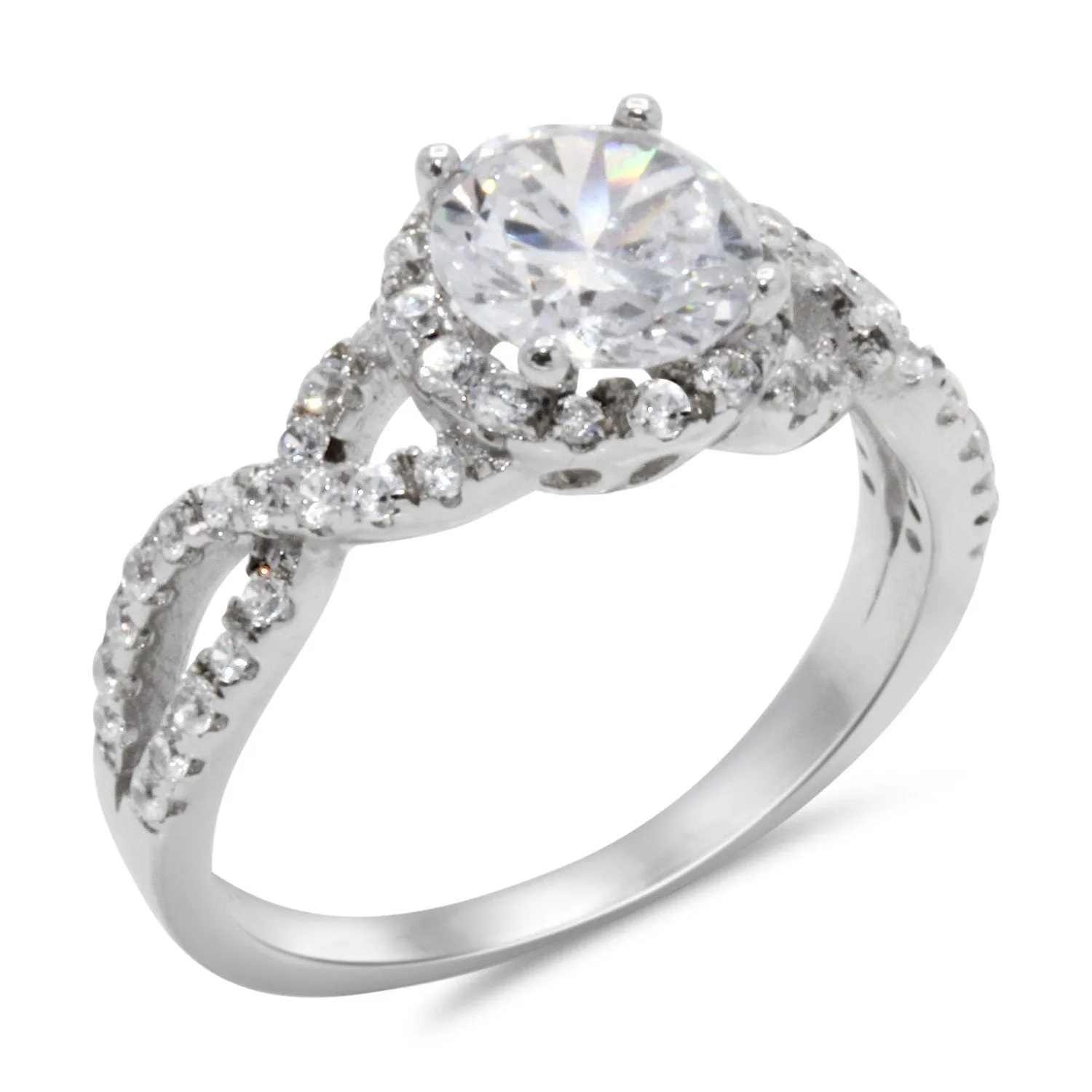 CZ 7mm Center Stone Sterling Silver Plated Crossover Halo Engagement Ring