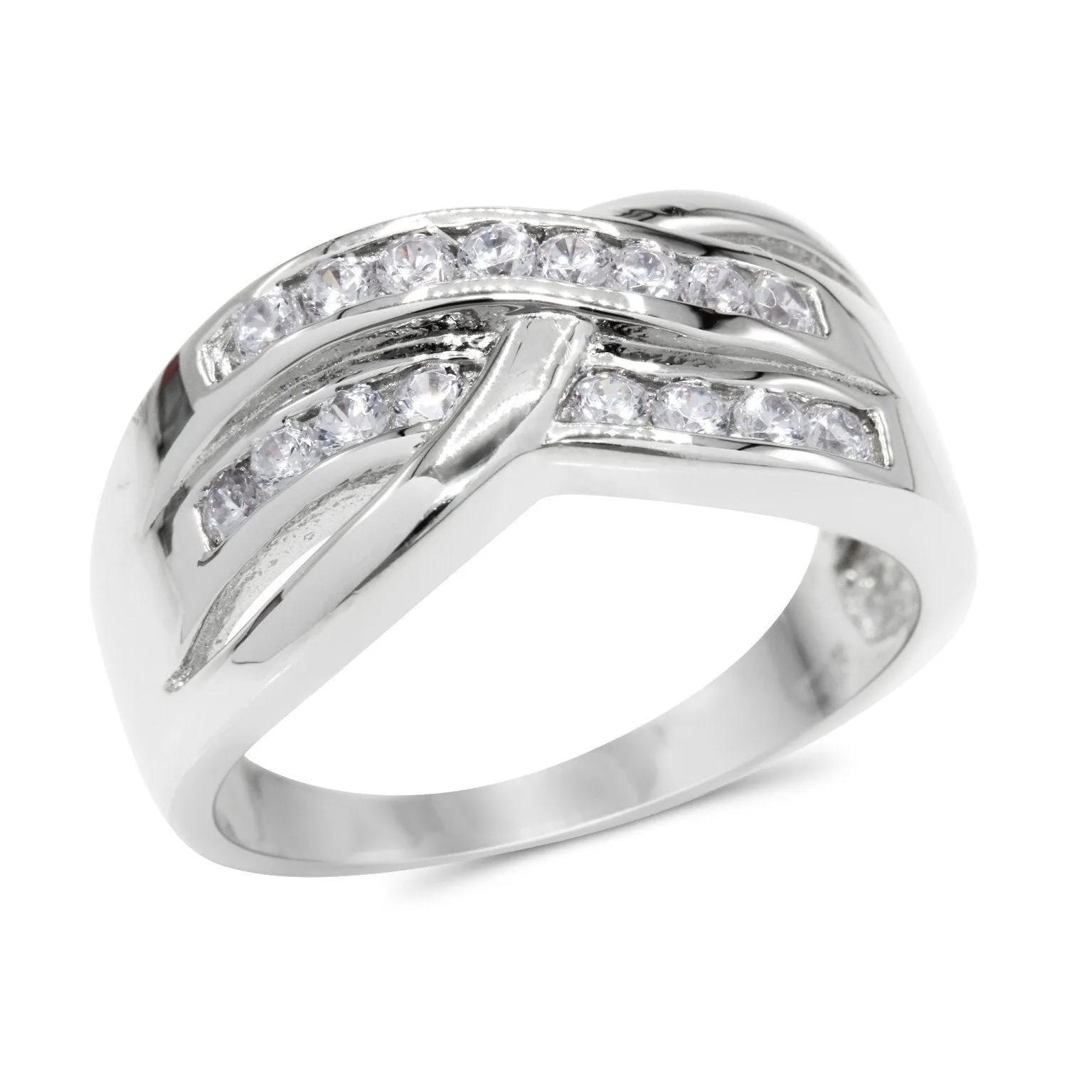 CZ Accent Stones Sterling Silver Plated Crossover Halo Engagement Ring