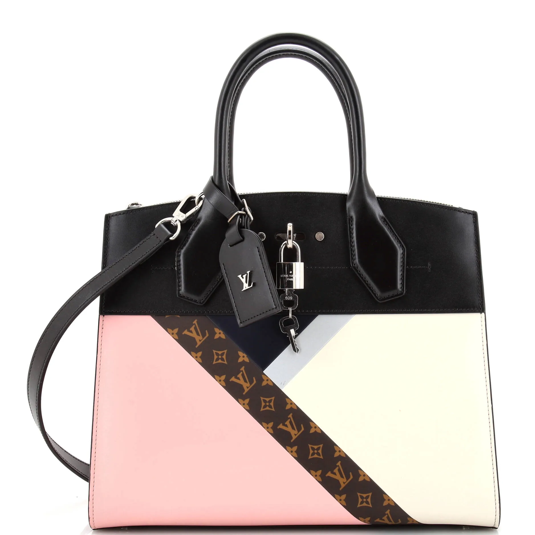 Designer City Steamer Handbag Leather with Monogram Canvas MM