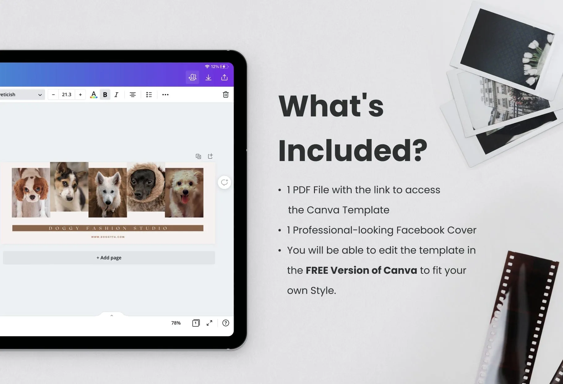 Doggy Fashion Studio Facebook Cover for Photographers Editable Canva Template