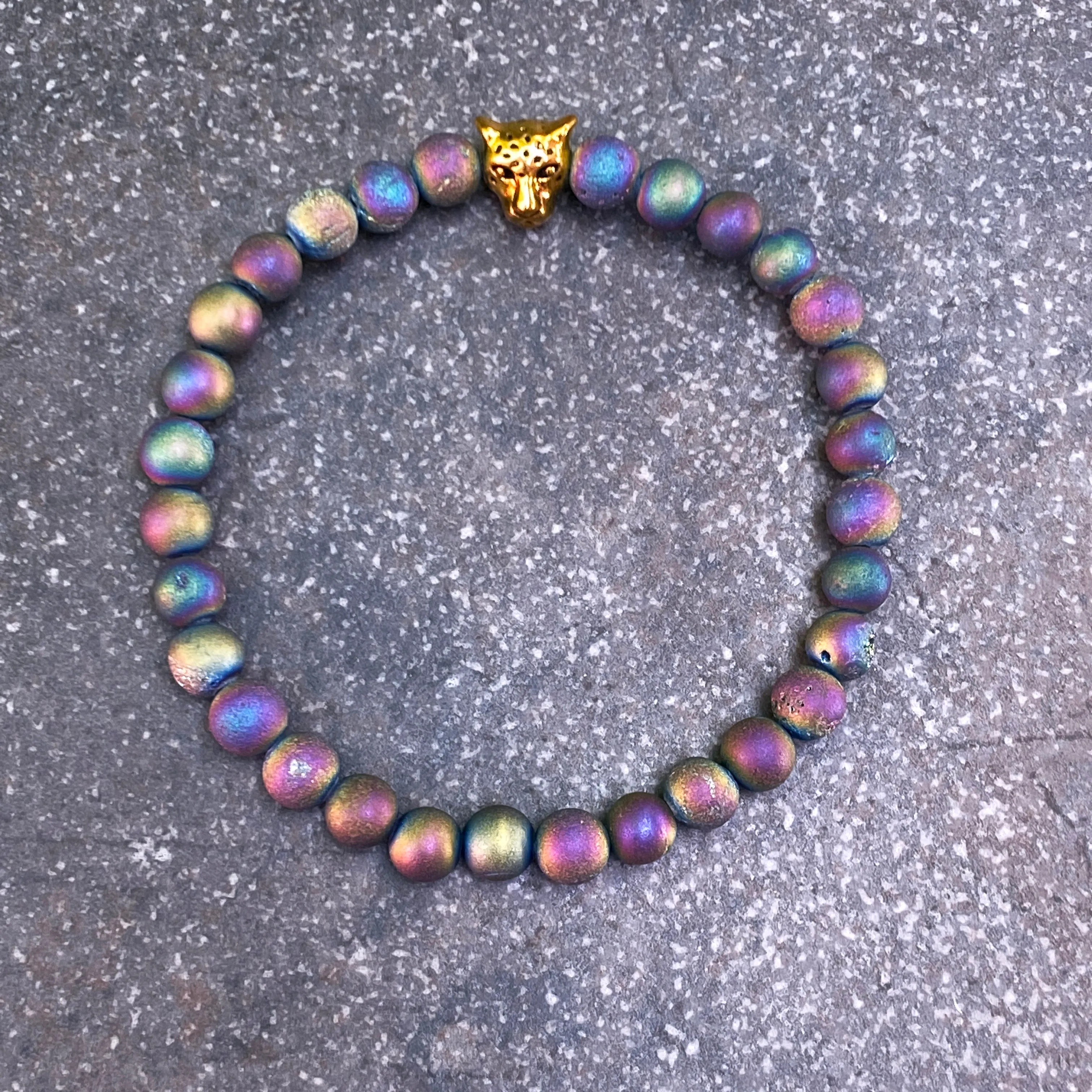 Druzy Agate gemstone and Leopard Beaded Stretch Bracelet