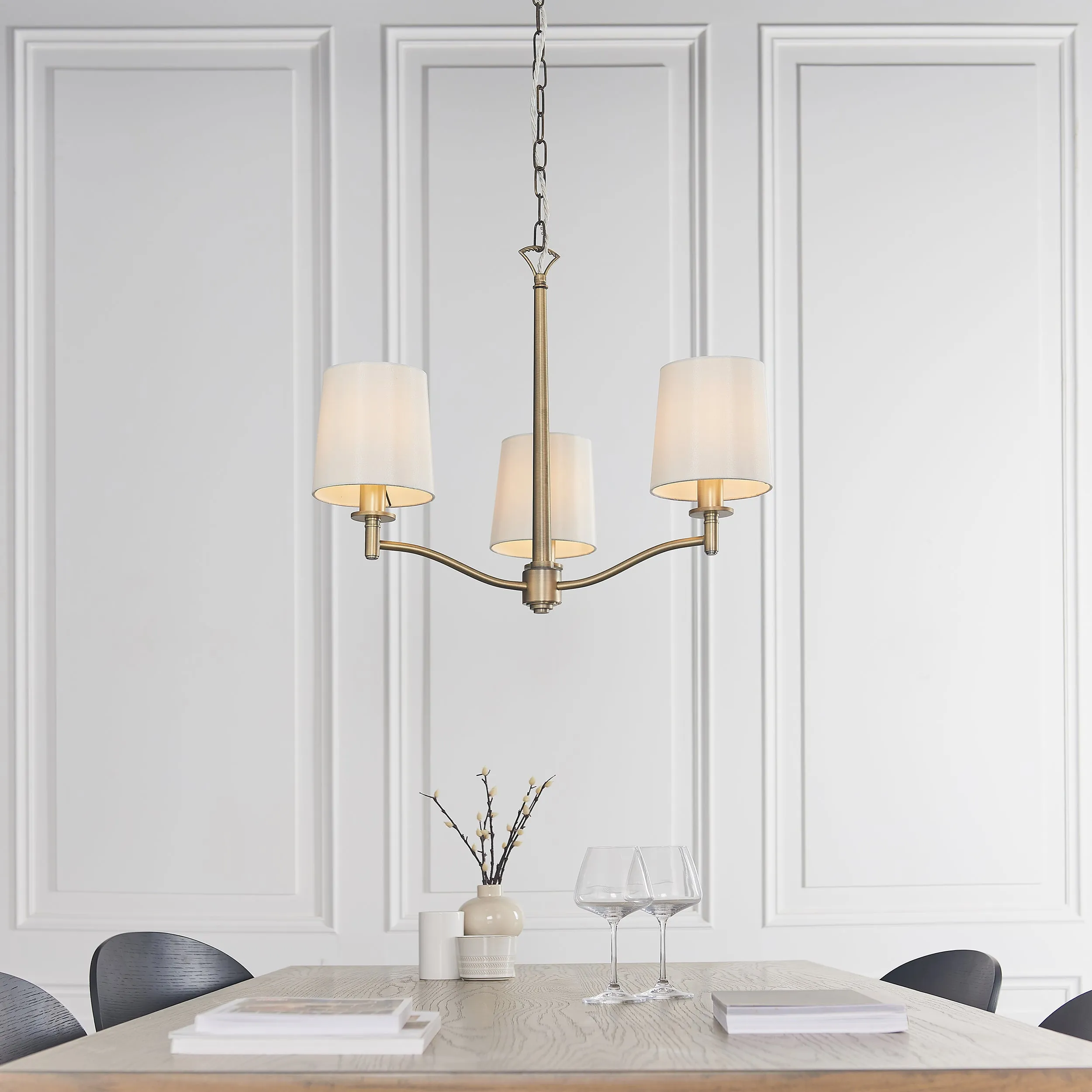 Endon 73411 Ortona 3lt Pendant Matt antique brass plate & vintage white fabric 3 x 40W E14 candle (Required)