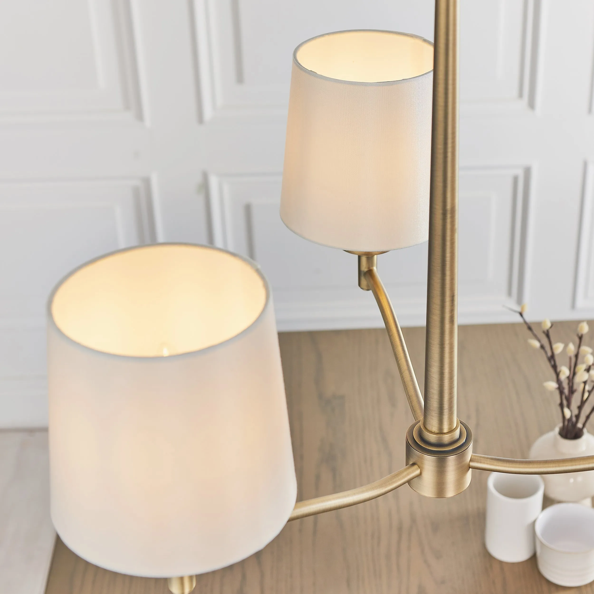 Endon 73411 Ortona 3lt Pendant Matt antique brass plate & vintage white fabric 3 x 40W E14 candle (Required)