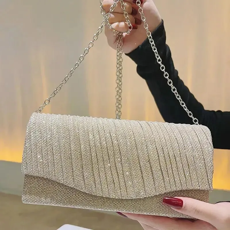Fashion Shell Shape Evening Bags Metallic Chains Ruffles Elegant Sling Bags For Women Messenger Shoulder Bags