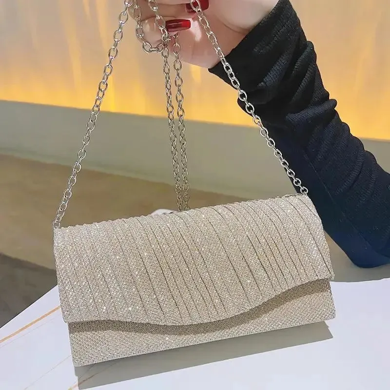 Fashion Shell Shape Evening Bags Metallic Chains Ruffles Elegant Sling Bags For Women Messenger Shoulder Bags