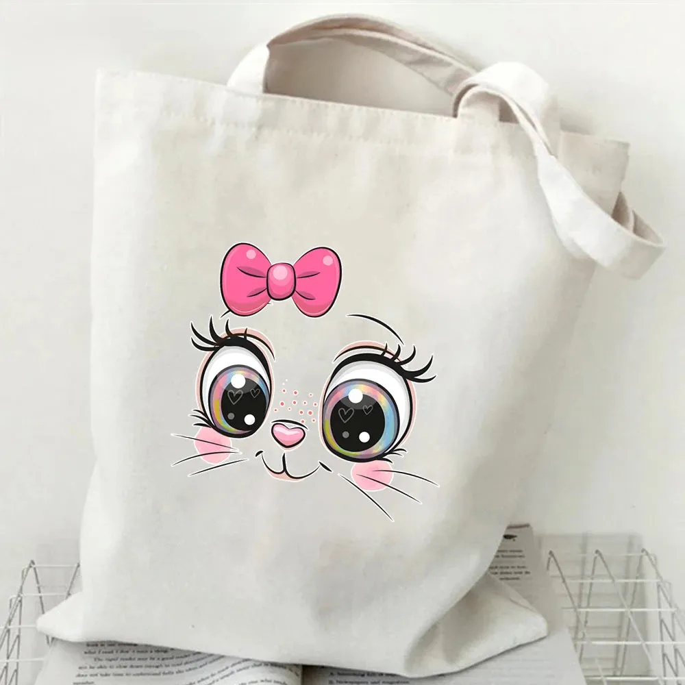 Floral Cat Print Graphics Women Canvas Tote Bag Girls Y2K Aesthetics Handbags Cartoon Cat Student High-capacity Shoulder Bag