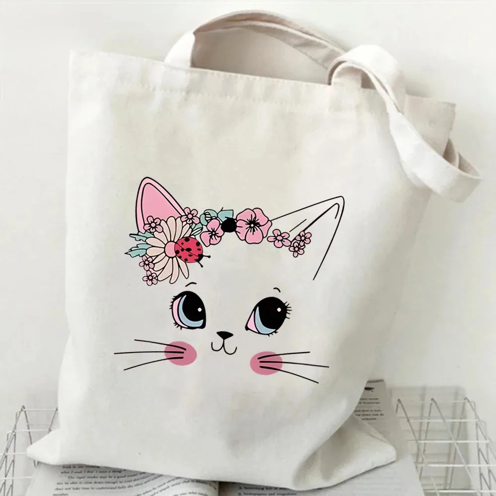 Floral Cat Print Graphics Women Canvas Tote Bag Girls Y2K Aesthetics Handbags Cartoon Cat Student High-capacity Shoulder Bag