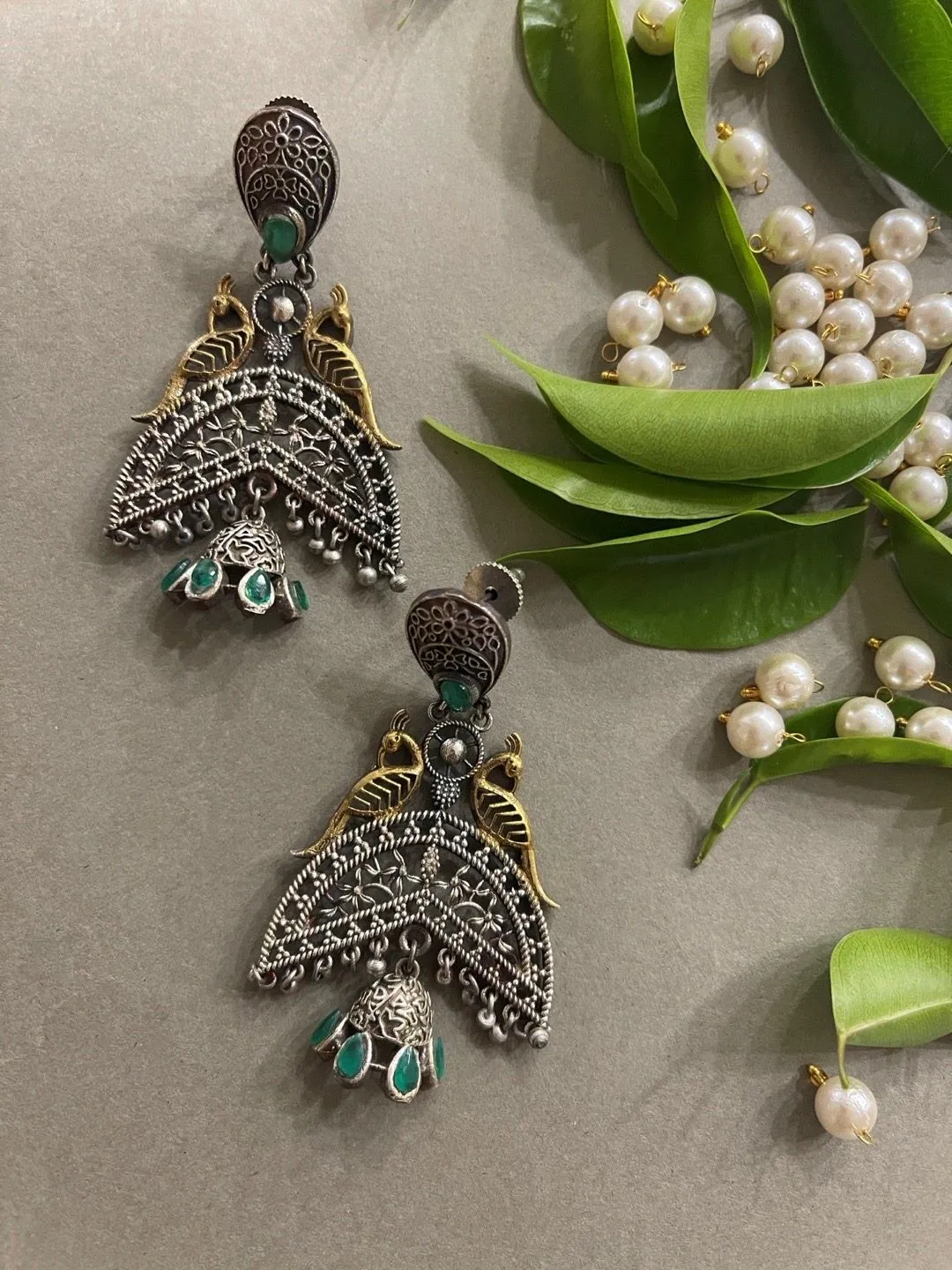 German Oxidized Silver Earrings Antique Tribal Trendy Peacock Design Engraved Danglers
