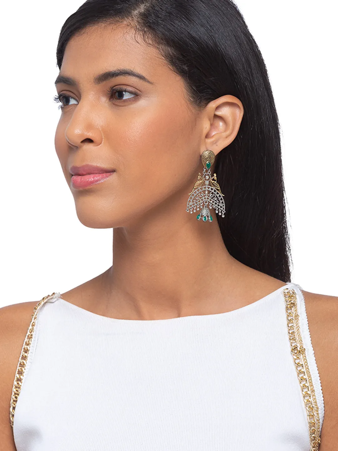 German Oxidized Silver Earrings Antique Tribal Trendy Peacock Design Engraved Danglers