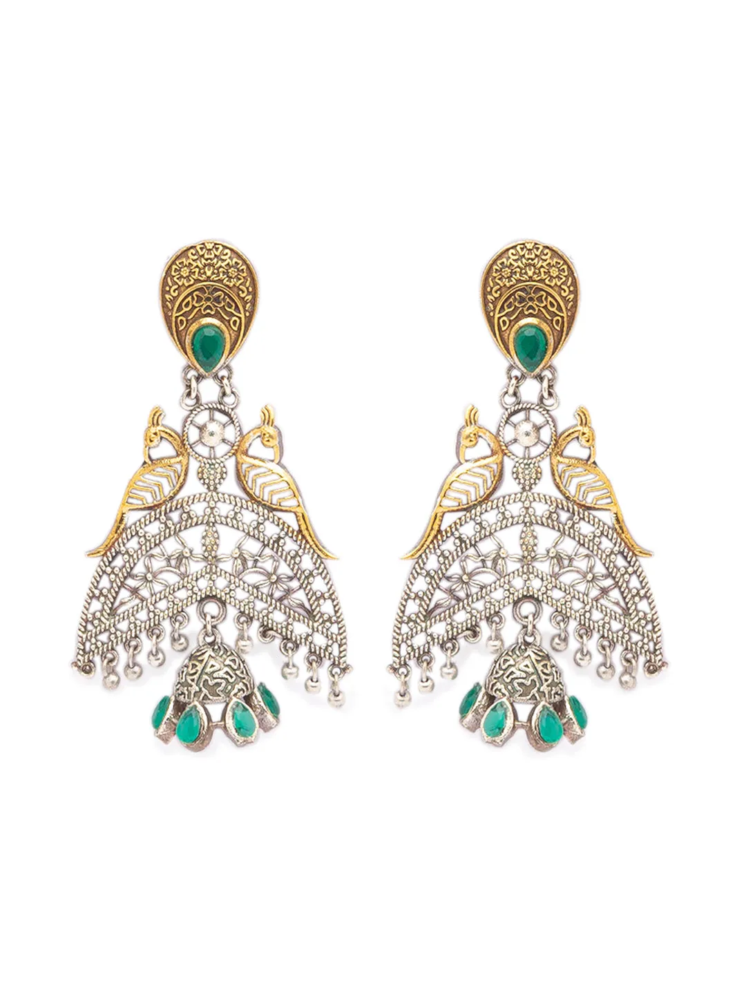 German Oxidized Silver Earrings Antique Tribal Trendy Peacock Design Engraved Danglers