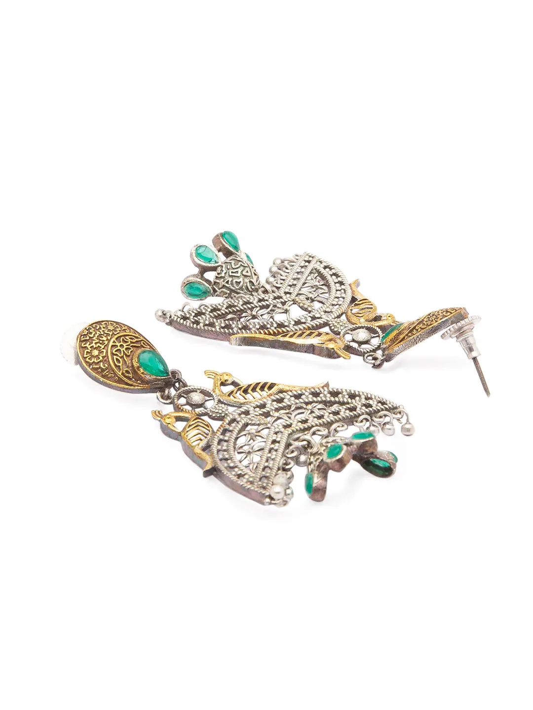 German Oxidized Silver Earrings Antique Tribal Trendy Peacock Design Engraved Danglers