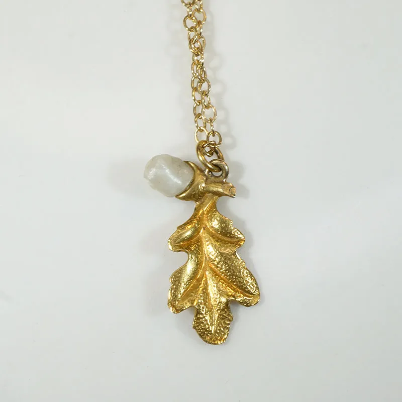 Gold Oak Leaf Pendant with Pearl Acorn