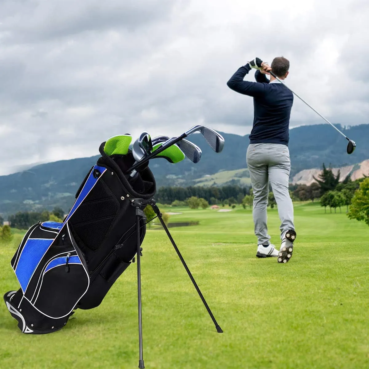 Golf Stand Bag, 6 Way Divider Golf Club Bag with 8 Pockets, Rain Hood, Umbrella Holder & Glove Sticker, Portable Lightweight Golf Bag for Men Women