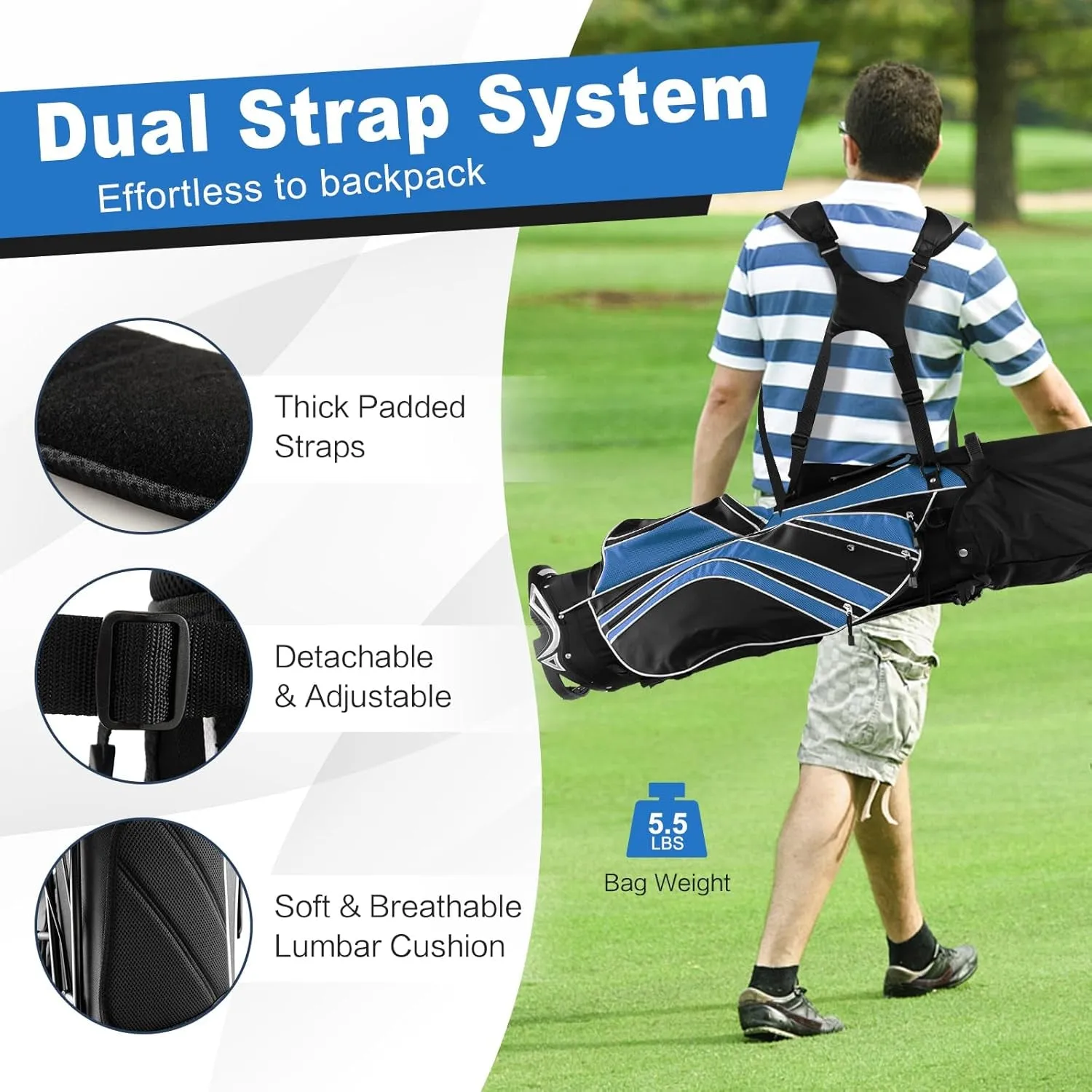 Golf Stand Bag, 6 Way Divider Golf Club Bag with 8 Pockets, Rain Hood, Umbrella Holder & Glove Sticker, Portable Lightweight Golf Bag for Men Women