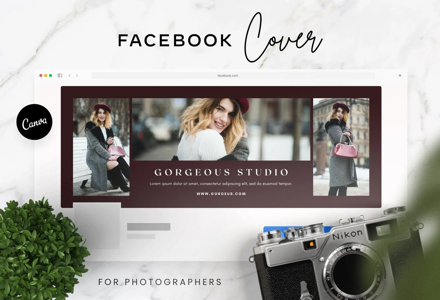 Gorgeous Studio Facebook Cover for Photographers Editable Canva Template