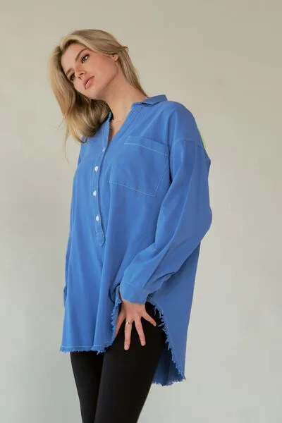 Hazel Blues® |  Davi & Dani Letter Back Raw Hem Half Button Shirt