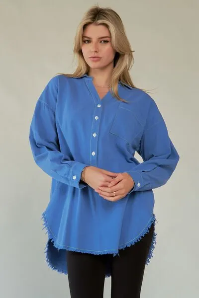 Hazel Blues® |  Davi & Dani Letter Back Raw Hem Half Button Shirt